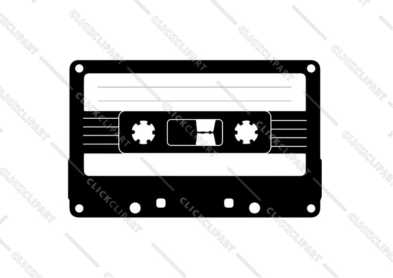 May include: A black and white silhouette of a cassette tape. The tape is rectangular with a black label and a white stripe in the middle. There are two small circles on the label, and a rectangular area for the tape to be inserted.
