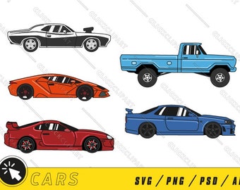 Könnte beinhalten: Ein Satz von fünf Autoillustrationen in verschiedenen Stilen. Die Autos sind ein schwarz-weißes Muscle-Car, ein roter Sportwagen, ein blauer Pickup, ein blauer Sportwagen und ein roter Sportwagen. Die Illustrationen sind im Cartoon-Stil.