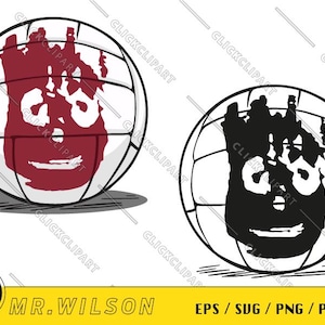 May include: A black and white illustration of a volleyball with a face drawn on it. The face is a simple cartoon style with two eyes, a nose, and a mouth. The volleyball is in a cartoon style with lines representing the stitching. The text "MR. WILSON" is below the image.
