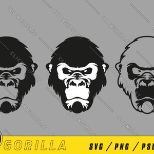 Op de afbeelding: Een zwart-witte illustratie van een gorillagezicht. De gorilla heeft een woeste uitdrukking met een gefronste wenkbrauw en ontblote tanden. De afbeelding is beschikbaar in de formaten SVG, PNG, PSD en AI.