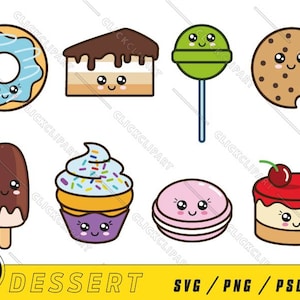 Mignon nourriture SVG | Autocollants Kawaii Clipart | Dessert Png | Donut Svg | Gâteau Svg | Glace | Ensemble SVG | Cupcake Svg