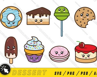 Cibo carino SVG | Clipart adesivi kawaii | Dessert Png | Ciambella Svg | Torta Svg | Gelato | Pacchetto | Cupcake SVG | File SVG per Cricut