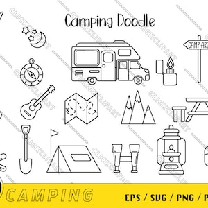 Camp SVG | Camping PNG | Camping Clipart | Vie de camp | Ensemble SVG | Aventure | Fourgon | Caravane | Bois | Tente | Dessin au trait