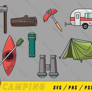 Kawaii camp SVG | Camping PNG | Camping Clipart | Svg de vie de camp | Aventure | Fourgon | Caravane | Bois | Tente | Dessin au trait
