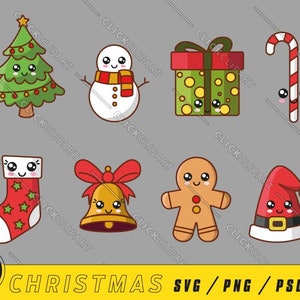 Kawaii Weihnachten | SVG-Bundle | Strichzeichnungen | SVG-Dateien | Dateien ausschneiden | ClipArts | T-Shirt-Designs | Kawaii-Aufkleber