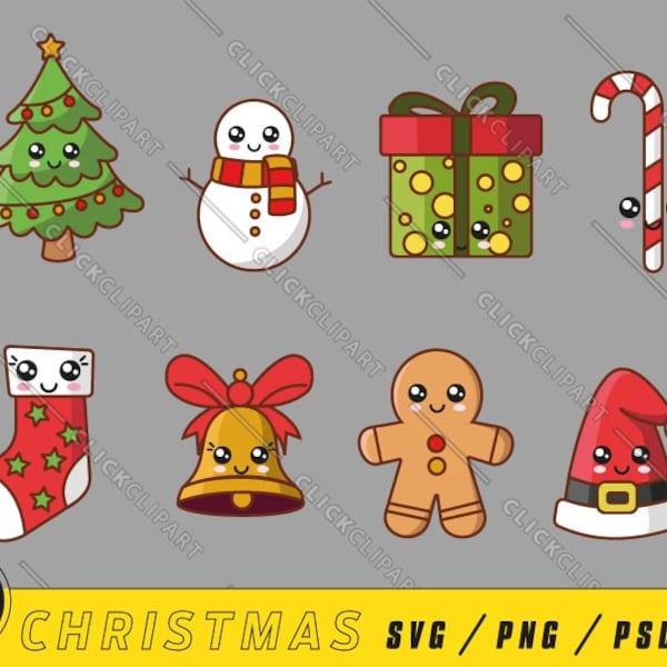 Kawaii Christmas | Christmas Clipart | Kawaii SVG | SVG Bundle | Line Art | SVG Files | Cut Files | Kawaii Stickers | Svg Files for Cricut