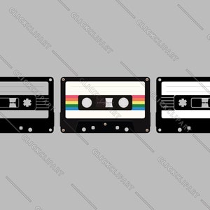 May include: Three vintage audio cassette tapes. One has a rainbow coloured stripe across the top, one has a white label, and one has a grey label.