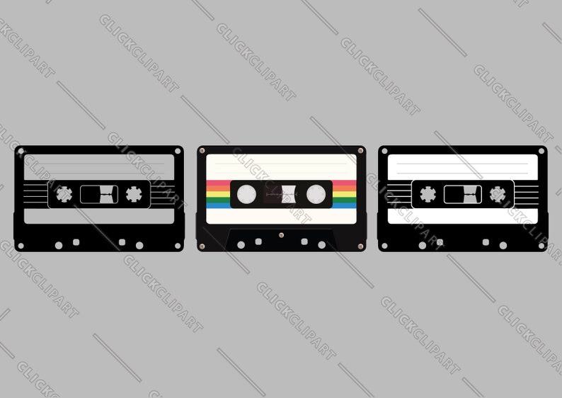 May include: Three vintage audio cassette tapes. One has a rainbow coloured stripe across the top, one has a white label, and one has a grey label.
