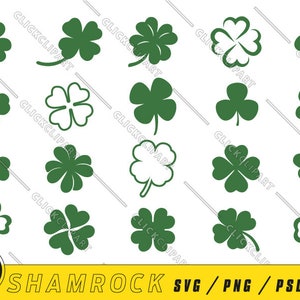 Shamrock SVG | Jour de la Saint-Patrick PNG | Clipart de trèfle à quatre feuilles | Jour de St Patty | Porte-bonheur | Ensemble SVG | Couper