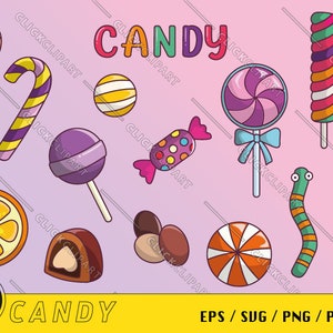 May include: A collection of colorful candy illustrations, including lollipops, candy canes, gummy worms, chocolate, and hard candies. The word "CANDY" is written in large letters at the top of the image. The text "EPS/SUG/PNG/PSD/AI" is written at the bottom of the image.