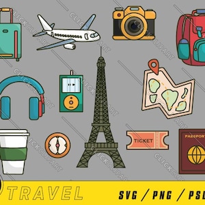 SVG de voyage | Vacances en famille SVG | Voyage en voiture PNG | Clipart | Valise | Avion | Billet | Passeport | Lecteur de musique