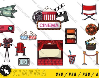 Cinema SVG | Cinema PNG | Cinema Clipart | Filme Svg | Pipoca Svg | Câmera Svg | Diretor | Pacote | Linha Arte | Arquivos Svg para Cricut