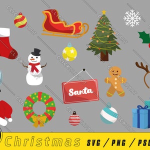 Clipart de Noël | bonhomme de neige | Bonhomme en pain d'épice | Père Noël | Flocons de neige | Fichiers SVG | Couper des fichiers | Clipart