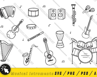 Musical Instruments Line Art SVG | Music Clipart, Cut Files (Digital Download)
