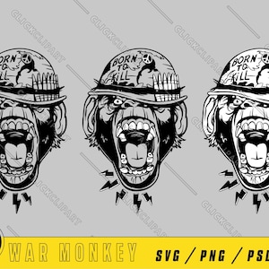 Tête de singe SVG | Singe en colère PNG | Soldat de guerre | Lot de silhouettes | Dessin au trait | Couper des fichiers | Designs de T-shirt