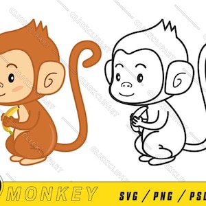 Cute Baby Monkey SVG Vector Files | Cartoon Cut File | Animal SVG File | Kawaii Clip Art | Silhouette Logo | Clip Art files for Cricut