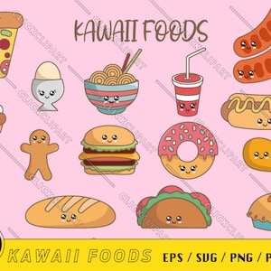Mignon nourriture SVG | Autocollants Kawaii Clipart | Dessert Png | beignet | Pizzas | Hamburger | Glace | Tacos | Ensemble SVG