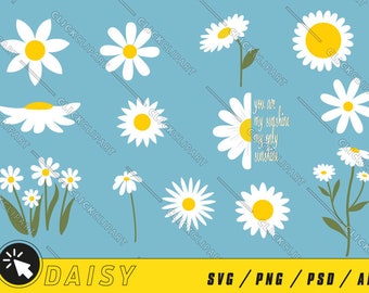 May include: A set of 10 daisy flower illustrations in white with yellow centers. The daisies are in various sizes and positions. The text "You are my sunshine, my only sunshine" is included in the image.