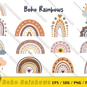 Clipart arc-en-ciel Boho | Arc-en-ciel mignon | Éléments bohèmes | Bohème SVG | Bohème PNG | Formes bohèmes | Style bohème | Ensemble SVG