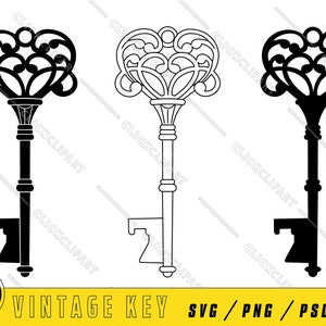 May include: A black and white illustration of a vintage key with ornate details. The key has a heart-shaped head and a long, slender shaft.