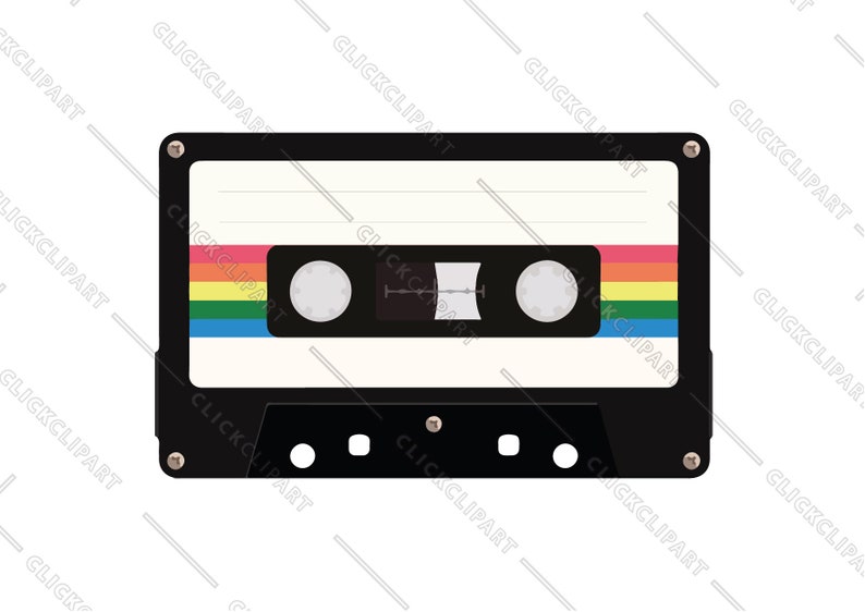 May include: A black cassette tape with a white label and rainbow coloured stripes. The tape has two black spools and a black plastic case.
