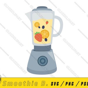 Peut inclure: Un blender gris avec un récipient transparent rempli d'un smoothie jaune. Le smoothie contient des fraises, des tranches d'orange et des myrtilles.