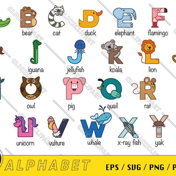 Alfabeto de animales Clipart | lindas letras | Educación y Aprendizaje | safari | Animales de madera | Escuela Png | Paquete SVG | Archivos