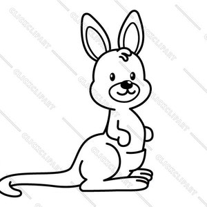 Op de afbeelding: Een zwart-witte lijntekening van een cartoonkangoeroe. De kangoeroe zit op zijn achterpoten met zijn staart erachter opgerold. Hij heeft grote oren en een vriendelijk gezicht.