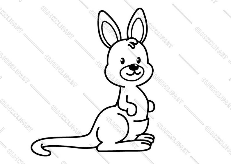 Op de afbeelding: Een zwart-witte lijntekening van een cartoonkangoeroe. De kangoeroe zit op zijn achterpoten met zijn staart erachter opgerold. Hij heeft grote oren en een vriendelijk gezicht.