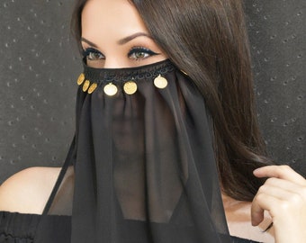 Chiffon Face Veil With Golden Coins/Belly Dancer Mask/Muslim Veil/Harem Mask/Exotic Arabian Mask/Oriental Dance Scarf/Party Mask/Carnival