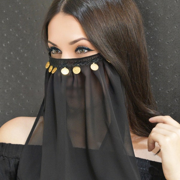 Chiffon Face Veil With Golden Coins/Belly Dancer Mask/Muslim Veil/Harem Mask/Exotic Arabian Mask/Oriental Dance Scarf/Party Mask/Carnival