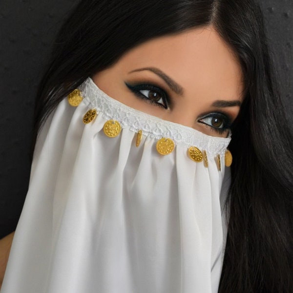 Voile de visage avec des pièces d'or/masque de danseuse du ventre/écharpe de visage/masque de harem/masque arabe exotique/danse orientale/masque de fête/masque de carnaval/masque musulman