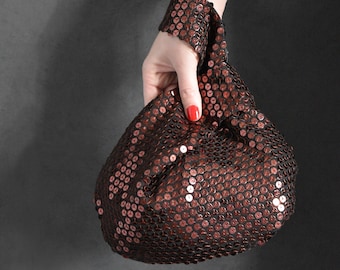 銅のスパンコールの和風ノットバッグ/キラキラバッグ/光沢のあるイブニングパーティーバッグ/特別な機会の財布/プロムのエレガントなキラキラ/まばゆいハンドバッグ/結婚式