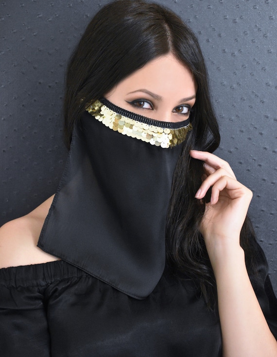 Face Veil With Gold Sequinsbelly Dancer Masksexy Veilburka Etsy 