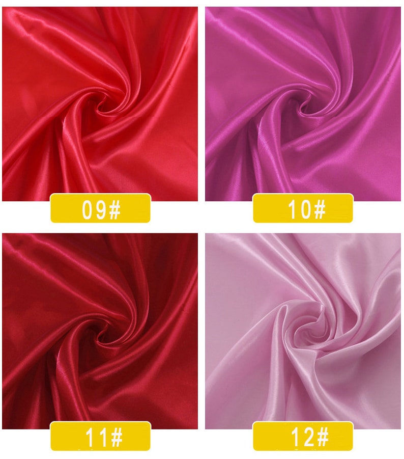 May include: Four fabric swatches in different colours. The top left swatch is a bright red satin fabric. The top right swatch is a bright magenta satin fabric. The bottom left swatch is a deep red satin fabric. The bottom right swatch is a light lavender satin fabric. Each swatch has a yellow label with a number on it. The top left label says "09#", the top right label says "10#", the bottom left label says "11#", and the bottom right label says "12#"