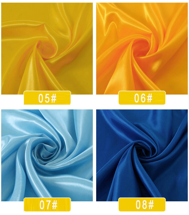 May include: Four fabric swatches in different colours. The top left swatch is yellow, the top right swatch is orange, the bottom left swatch is light blue, and the bottom right swatch is dark blue. Each swatch has a number printed on it: 05#, 06#, 07#, and 08#.