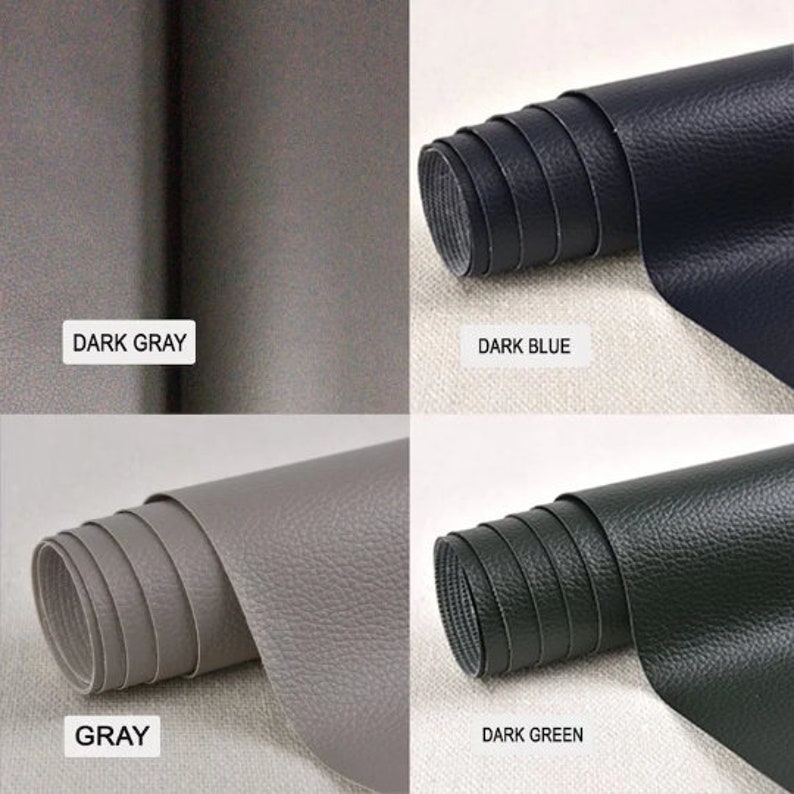 May include: Four rolls of faux leather fabric in different colors: dark gray, dark blue, gray, and dark green. The fabric has a textured surface.