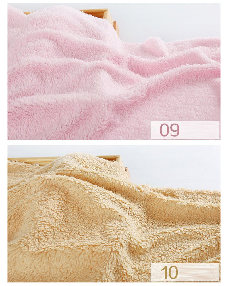 May include: Two close-up images of soft, fluffy fabric. The first image shows a light pink fabric. The second image shows a light beige fabric. The text "09" is visible in the first image and the text "10" is visible in the second image.