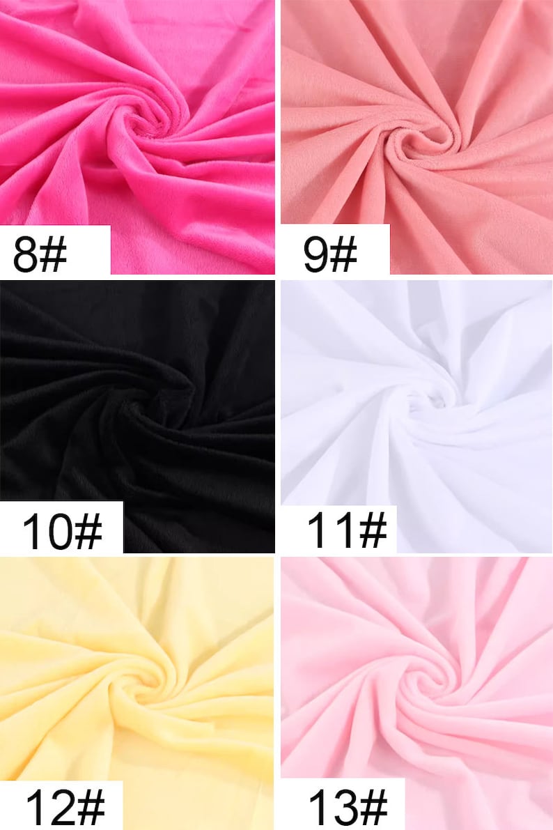 May include: Six fabric swatches in different colors, including pink, peach, black, white, yellow, and light pink. Each swatch is labeled with a number, from 8 to 13.
