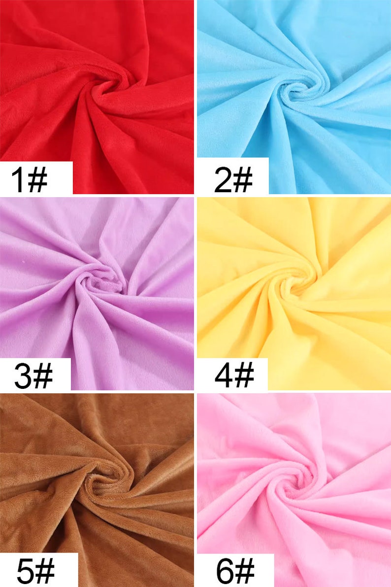 May include: Six fabric swatches in different colors: red, light blue, lavender, yellow, brown, and pink. Each swatch is folded in a spiral shape. The swatches are labeled with numbers 1 through 6.