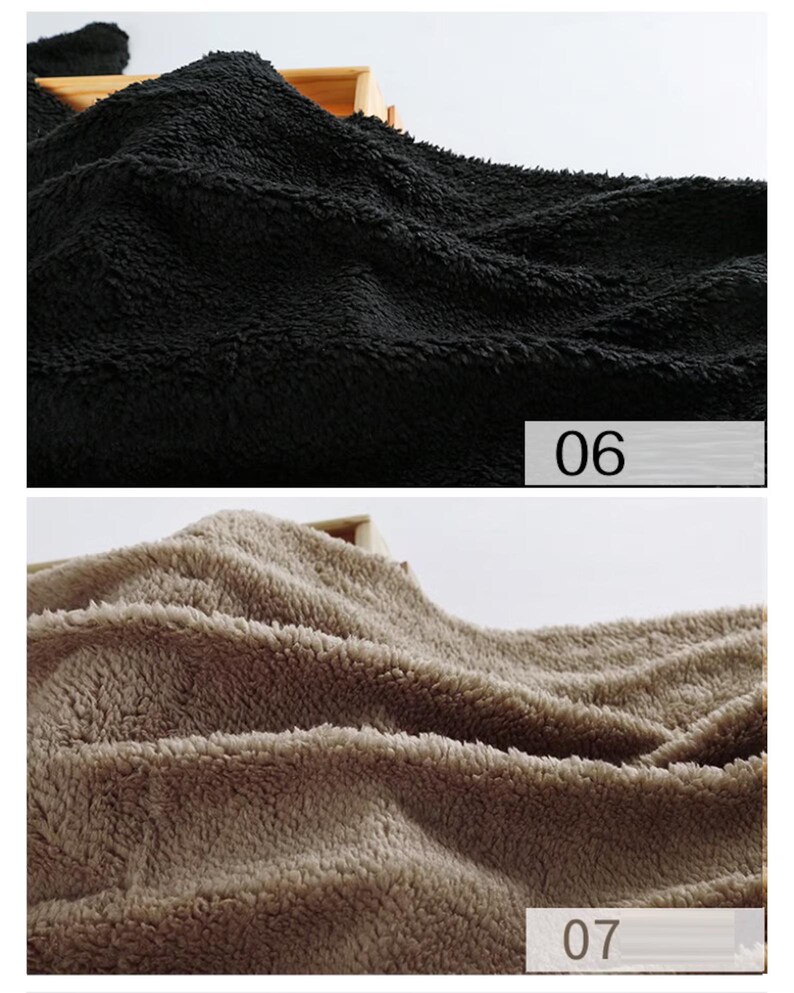 May include: Two close-up images of soft, fuzzy fabric. The first image shows black fabric. The second image shows a light brown fabric. The images are labeled with the numbers "06" and "07".