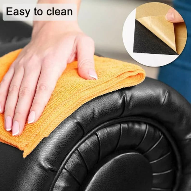 May include: Close-up of a black leather exercise bench with a yellow microfiber cloth being used to wipe it clean. The text "Easy to clean" is visible in the top left corner of the image. A small inset image shows a black piece of material with a brown backing.