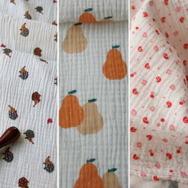 Double Layered Gauze Muslin Fabric, Cartoon Fruit Fabric, Printed Fabric, Cotton Yarn Soft Fabric for Baby, Sold by 1/2 Yard