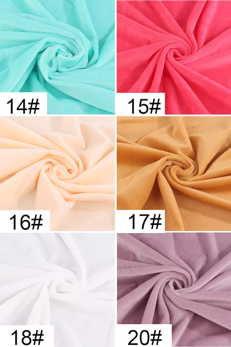 May include: Six fabric swatches in different colors. The swatches are arranged in two rows of three. The colors are turquoise, pink, peach, brown, white, and purple. Each swatch has a number printed on it: 14, 15, 16, 17, 18, and 20.