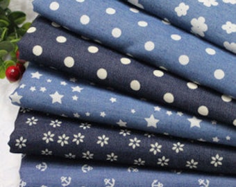 Floral Printed Denim Fabric, Lightweight Denim, Washed Denim, Blue Cotton Denim Fabric, Jean Fabric,By the Half Yard