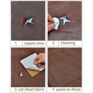May include: Four steps for repairing a tear in brown leather upholstery. The steps are: 1. repairs area, 2. cleaning, 3. cut sheet fabric, 4. paste on there.