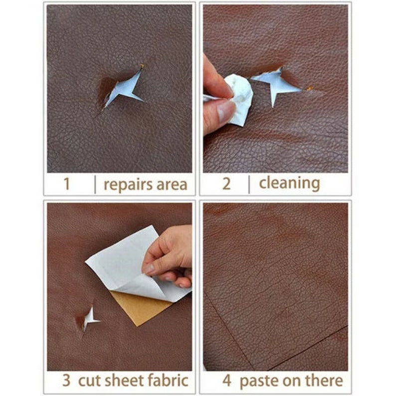 May include: Four steps for repairing a tear in brown leather upholstery. The steps are: 1. repairs area, 2. cleaning, 3. cut sheet fabric, 4. paste on there.