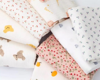 Tissu double épaisseur de mousseline de gaze, tissu de fruits de dessin animé, tissu imprimé, tissu doux en fil de coton pour bébé, vendu par 1/2 mètre