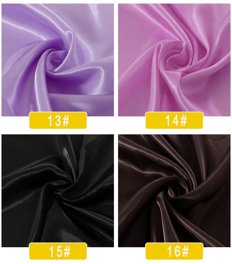 May include: Four fabric swatches in different colours: light purple, light pink, black, and dark brown. Each swatch is folded in a swirl pattern. The swatches are labelled with numbers 13, 14, 15, and 16.
