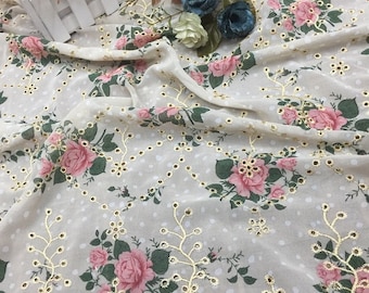 Eyelet Embroidery Chiffon Fabric Floral Printing Dress Making 150cm Wide, Sold By The Yard